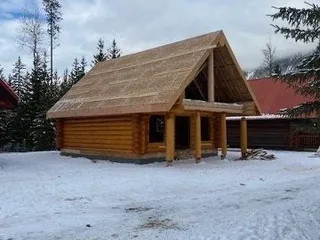 Completed roof structure on the log cabin before final finishing