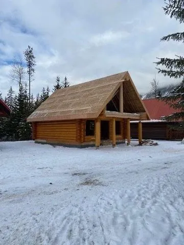 Completed roof structure on the log cabin before final finishing
